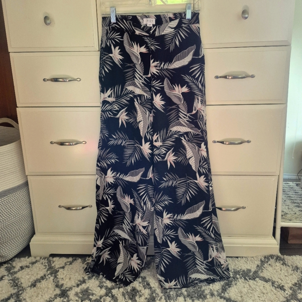 Black Tropical Palm Print Pants Wide Leg Elastic Waist Size Small